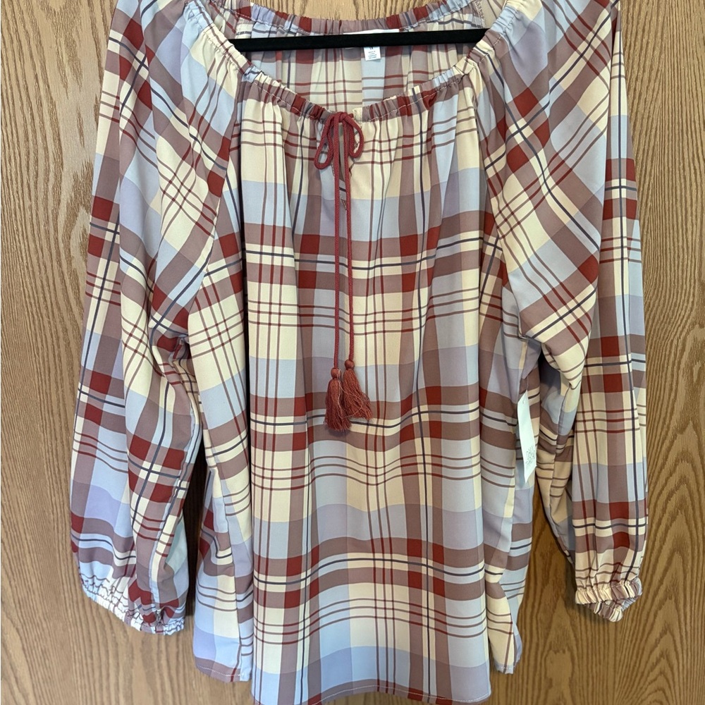 Plaid Peasant Blouse with Tassel Tie